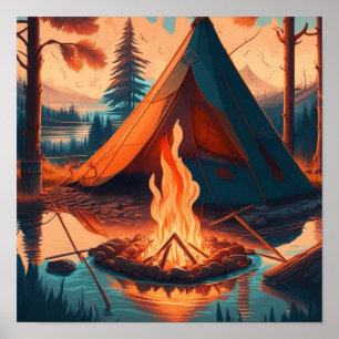 Zelt und Lagerfeuer Vintage-Farben Kunst Poster
