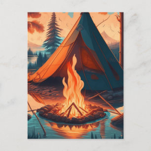 Zelt und Lagerfeuer Vintage-Farben Kunst Postkarte