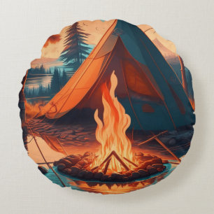 Zelt und Lagerfeuer Vintage-Farben Kunst Rundes Kissen