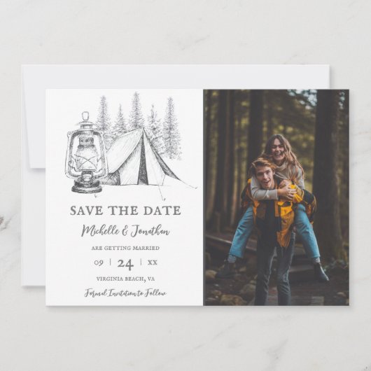 Zelt und Woodland Sketch Camping Hochzeitsfeier Fo Save The Date (Vorderseite)