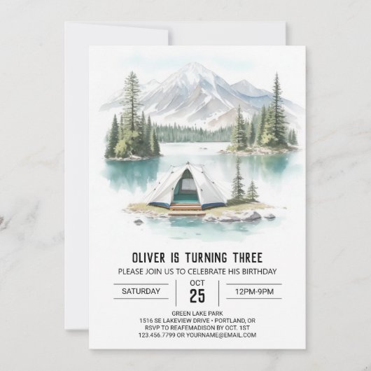 Zelt von Pine Trees Geburtstag Einladung (Vorderseite)