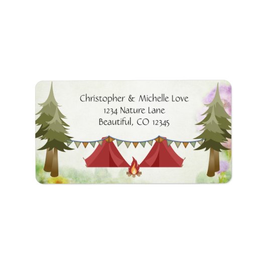 Zelte mit Buntings, Campfire, Wald, Camping Adressaufkleber (Vorne)