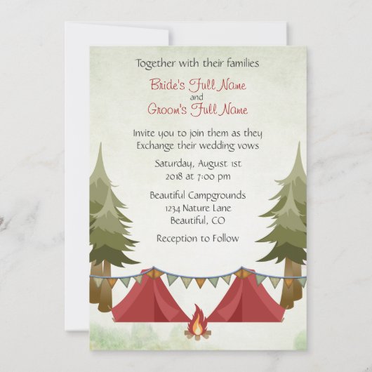Zelte und Campfire Woodland Camping Hochzeit Einladung (Rückseite)