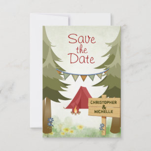 Zelte und Lagerfeuer Waldcamping-Hochzeit Save The Date