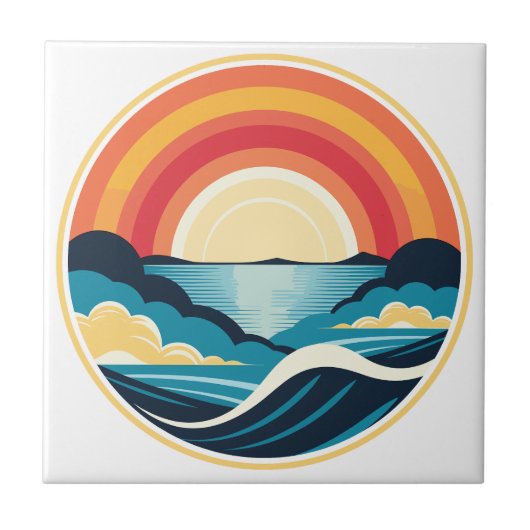 Zen Art Deco Sonnenuntergang über Wasser Fliese (Vorderseite)