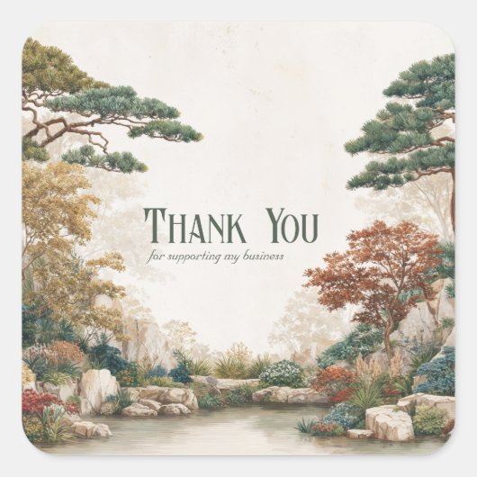 Zen Asian Pine Tree Water Garden Rustic Scenery Quadratischer Aufkleber (Vorderseite)