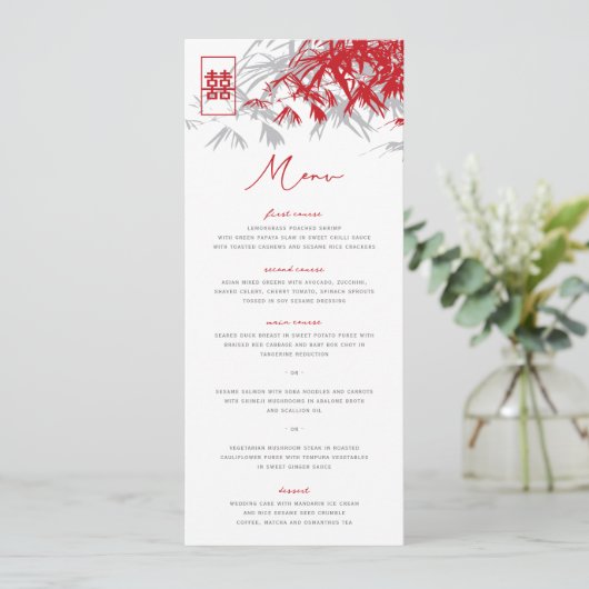 Zen Bamboo Blätter Double Happiness Wedding Menu Einladung (Stehend Vorderseite)