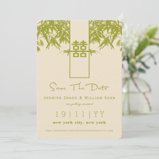Zen Bamboo Double Happy Chinesisch Save the Date Einladung (Stehend Vorderseite)