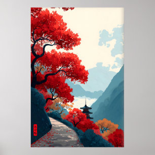 Zen-Bergposter Rote Blätter Bäume, Minimalist Poster