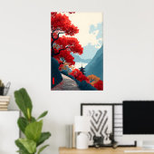 Zen-Bergposter Rote Blätter Bäume, Minimalist Poster (Heimbüro)