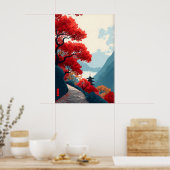 Zen-Bergposter Rote Blätter Bäume, Minimalist Poster (Küche)