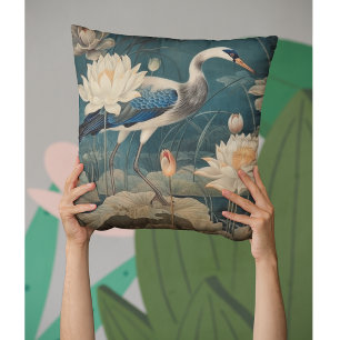 Zen Blaukranich & Lotus Chinoiserie Botanische Kun Kissen