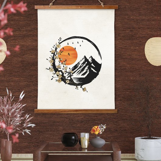 Zen Blossom: Sonnenaufgang und Heiterkeit Wandteppich Mit Holzrahmen