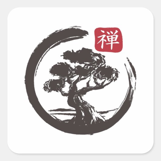 Zen Bonsai Tree Enso Circle Japanisch Quadratischer Aufkleber (Vorderseite)