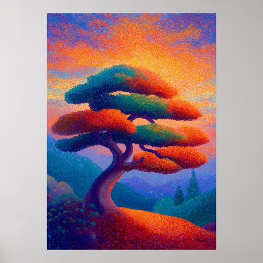 Zen Bonsai Tree Pointillism Landscape Art Poster (Vorne)