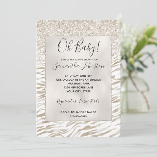 Zen Cream White Cocoa Brown Glitzer Zebra Print Einladung (Stehend Vorderseite)