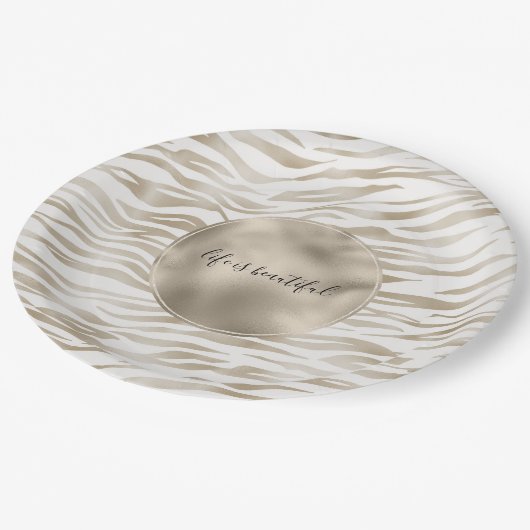 Zen Creme Weißer Kakao Braune Zebra Print Pappteller (Schrägansicht)