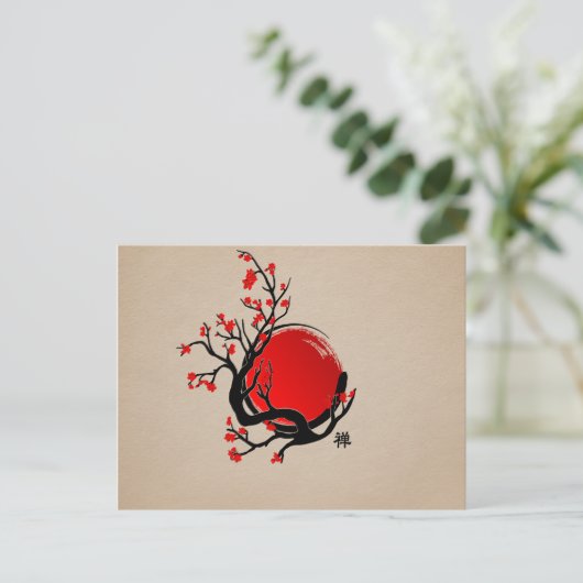 Zen Enso Circle, Sun and Red Sakura Blossom Postkarte (Stehend Vorderseite)