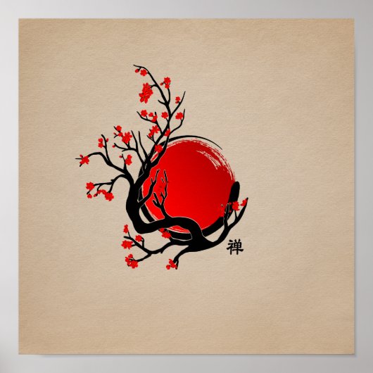 Zen Enso Circle, Sun und Red Sakura Blossom Poster (Vorne)