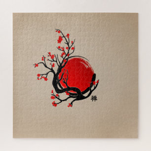 Zen Enso Circle, Sun und Red Sakura Blossom Puzzle