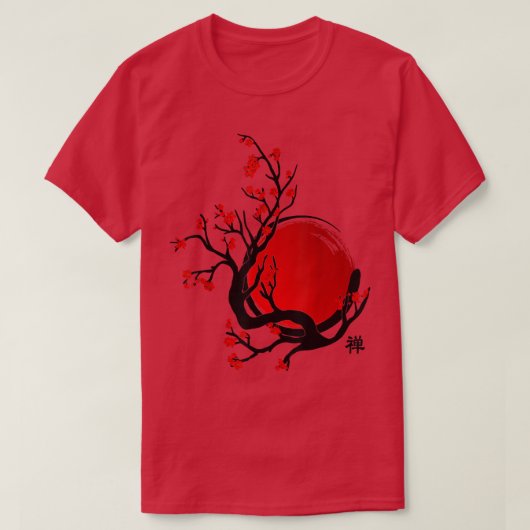 Zen Enso Circle, Sun und Red Sakura Blossom T-Shirt (Design vorne)