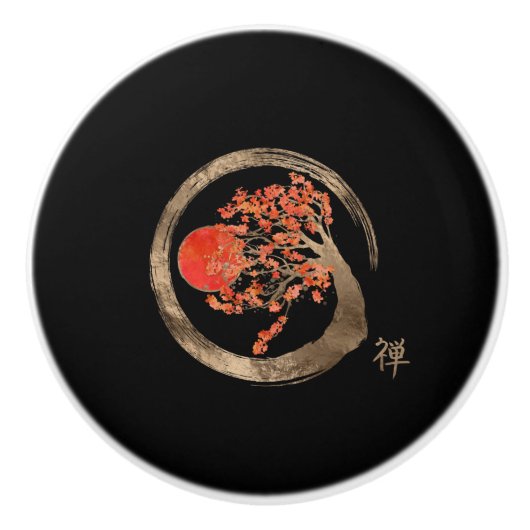 Zen Enso Kreis und goldener Kirschblüte-Baum Keramikknauf (Vorderseite)