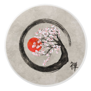 Zen Enso Kreis und Kirschblüte-Baum auf Leinwand Keramikknauf
