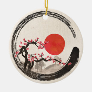 Zen Enso Kreis und Kirschblüte-Baum Keramik Ornament