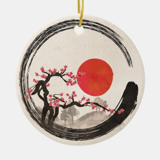 Zen Enso Kreis und Kirschblüte-Baum Keramik Ornament (Vorne)
