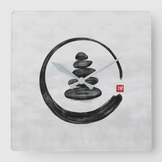 Zen-Enso-Kreis und Zen-Steine - Aquarell Quadratische Wanduhr (Vorderseite)
