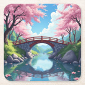 Zen Garden Bridge Cherry Blossom Reflektion Rechteckiger Pappuntersetzer (Vorderseite)