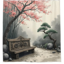 Zen-Gartenzierbank unter rosa Blüten Duschvorhang