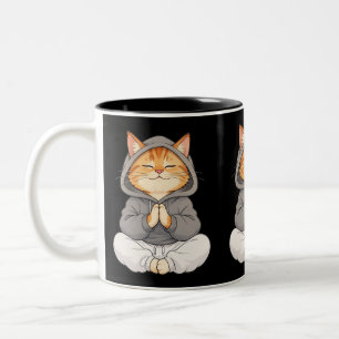 Zen-Katze im Hoodie – Süße meditierende Cartoon-Ka Zweifarbige Tasse