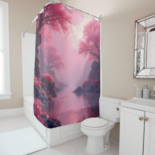 Zen-Landschaft in Flamingo-Pink Duschvorhang (Beispiel)