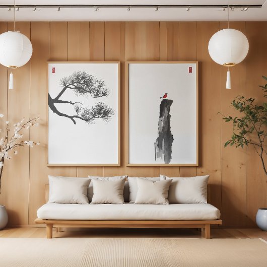 Zen Minimalistisch Ink Art Set - Pine & Lone Bird