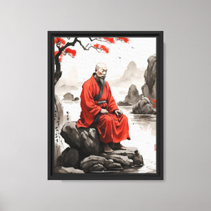 Zen Monk in Roter Robe am Fluss Tranquil Leinwanddruck