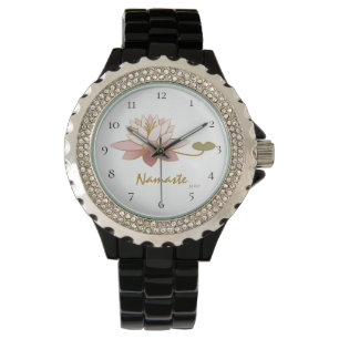 *~* Zen Namaste Pink Lotus Blume Spirituelles Schw Armbanduhr