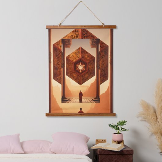 "Zen Octopus: Fraktal Tesseract Reflection" Wandteppich Mit Holzrahmen (Schlafzimmer)