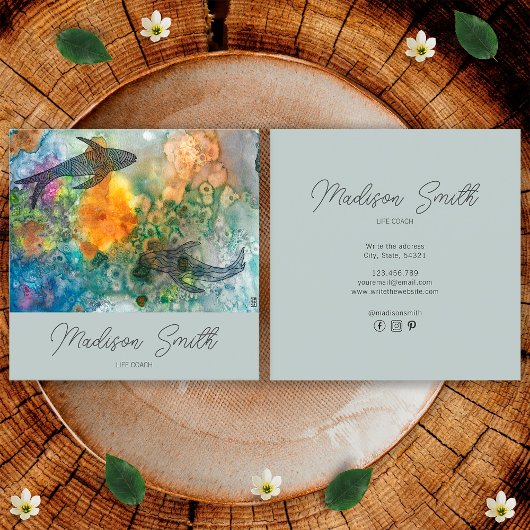 Zen Oriental Koi Teich Fisch Aquarellbahn Coach Quadratische Visitenkarte