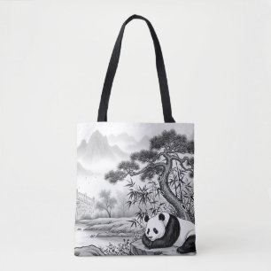 Zen Panda Pagode Traditionelle Tinte-Wasch-AOP-Tas Tasche