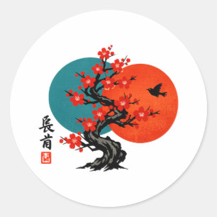 Zen-Pfirsichblütenbaum japanische Tuschzeichnung Runder Aufkleber