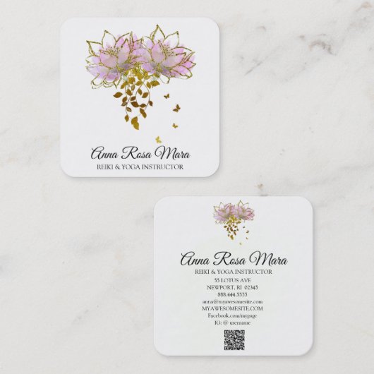 *~* Zen QR AP32 Pink Lotus Butterfly Floral Logo Quadratische Visitenkarte (Vorne/Hinten)