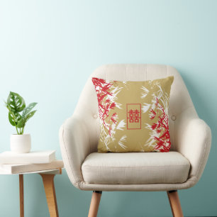 Zen Red Gold Bamboo Verlasse Modernes Double Happy Kissen