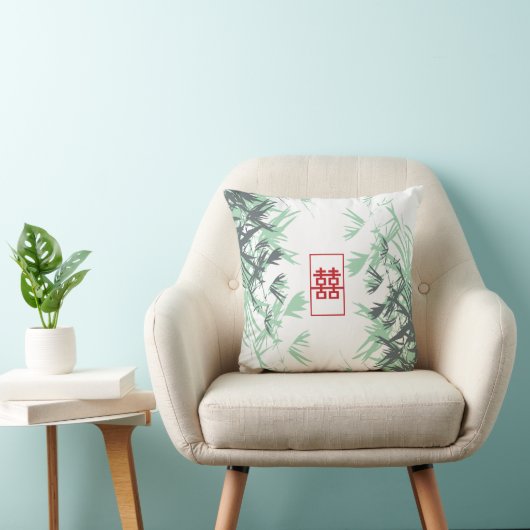 Zen Red Mint Bamboo Verlasse Modernes Double Happy Kissen (Stuhl )