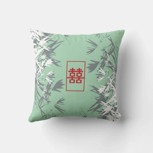 Zen Red Mint Bamboo Verlasse Modernes Double Happy Kissen (Rückseite)