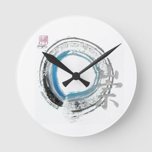 Zen Reverence, Enso[blue, black, silver tones] Runde Wanduhr (Vorderseite)