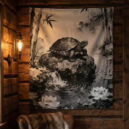 Zen-Schildkröten-Teppich | Lotus-Teich-Tusche-Kuns Wandteppich