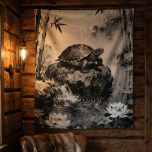 Zen-Schildkröten-Teppich   Lotus-Teich-Tusche-Kuns Wandteppich