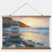 Zen Serenity | Gestapelte Steine bei Sonnenaufgang Wandteppich Mit Holzrahmen (Vorne)