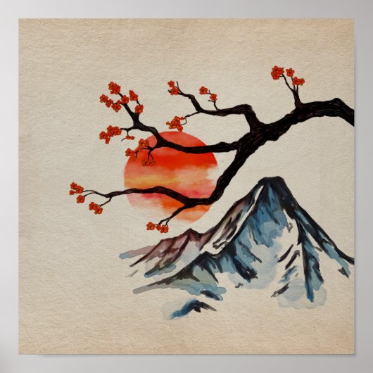 Zen Serenity Landschaft - Sakura Berg Sonnenunterg Poster (Vorne)
